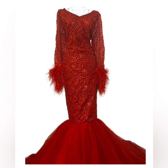 Detailed Red Mermaid Dress with Feather Sleeve - Picture 2 of 5